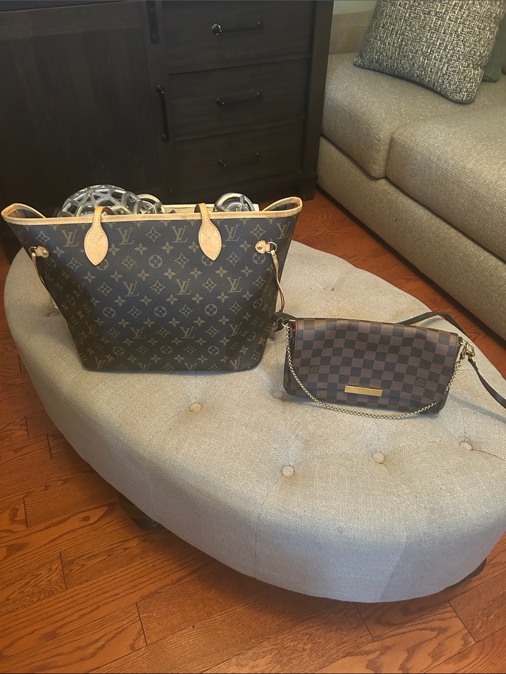 Bundle deal of a Louis Vuitton Neverfull MM Beige Mon/Favorite Damier Ebene MM